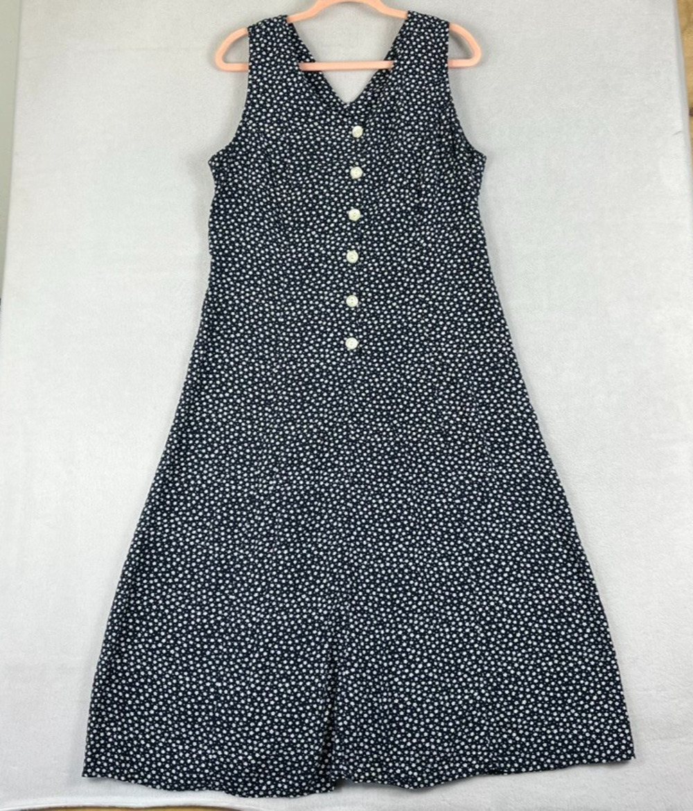 Kathie Lee 90's Sleeveless Midi Dress Blue Floral Button Up V-Neck Lace Up Back